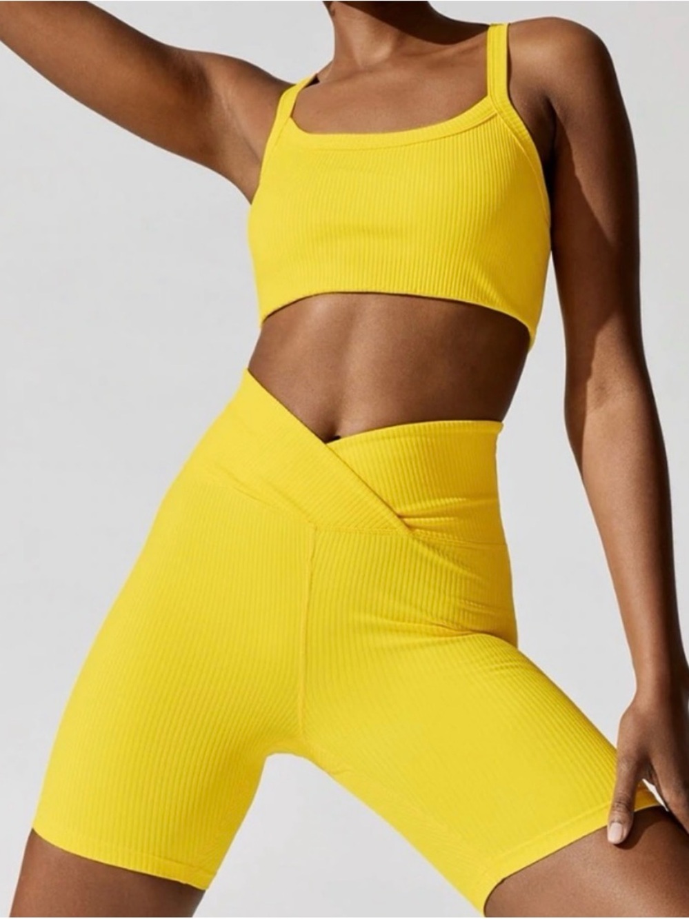Year of Ours Ribbed V-Waist Yellow Bike Shorts and Sports Bra Set